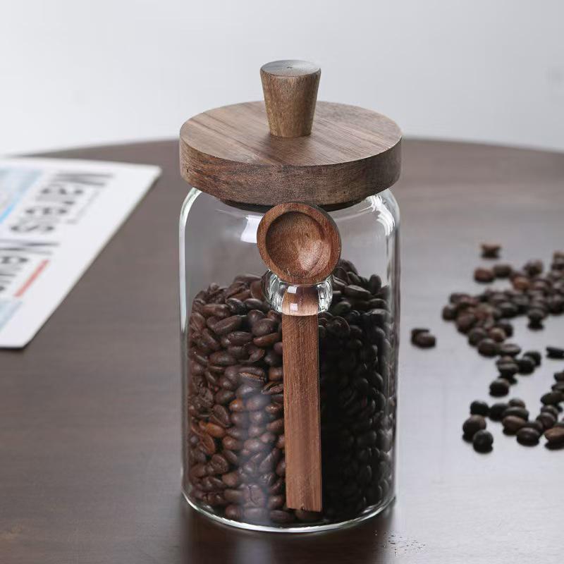 Glass Containers Food Storage Jars With Wooden Lids And Scoop Glass Sealed Jar Airtight Jar For Sugar Coffee Bean Candy