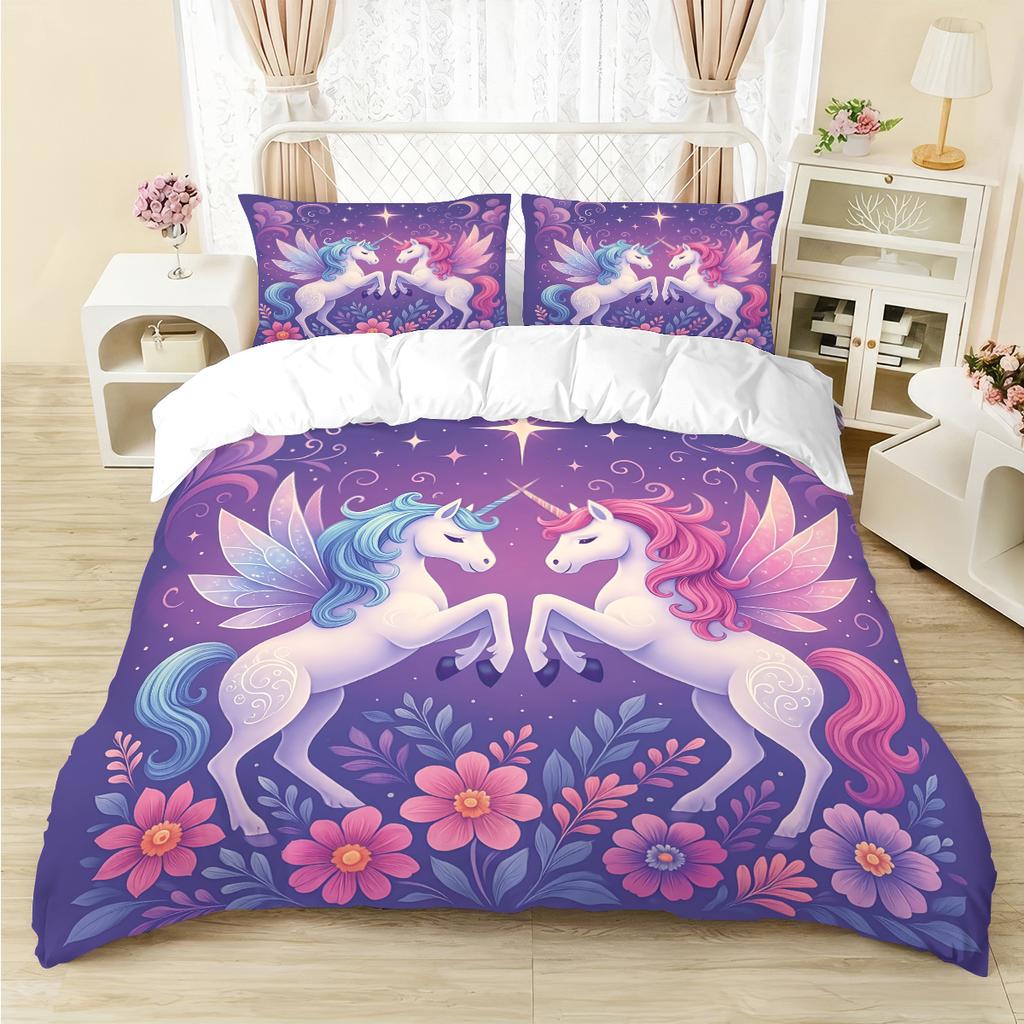 3-piece set of dreamy unicorn print 1 down duvet cover+2 pillowcases no core. Soft and comfortable machine washable