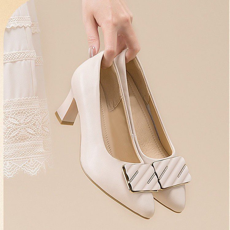 Coarse Order Shoes for Women Versatile In Spring and Autumn Pointed Toe Mid Heeled Work Shoes