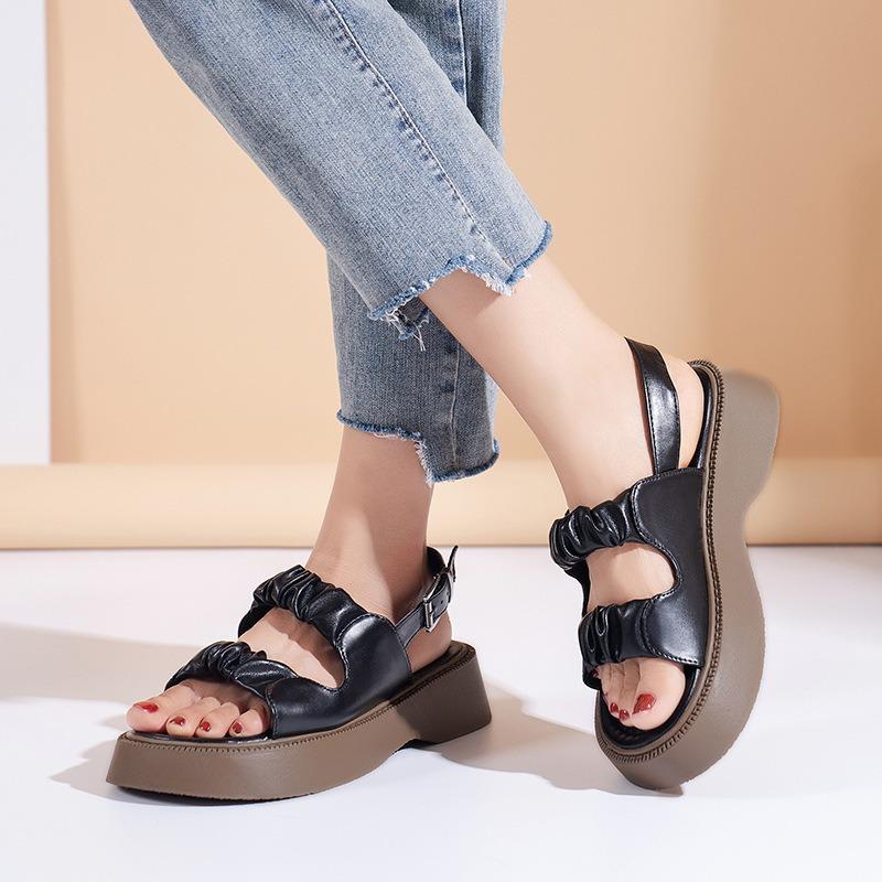 New pleated word with platform sandals women, big head buckle beach sandals women omns nals