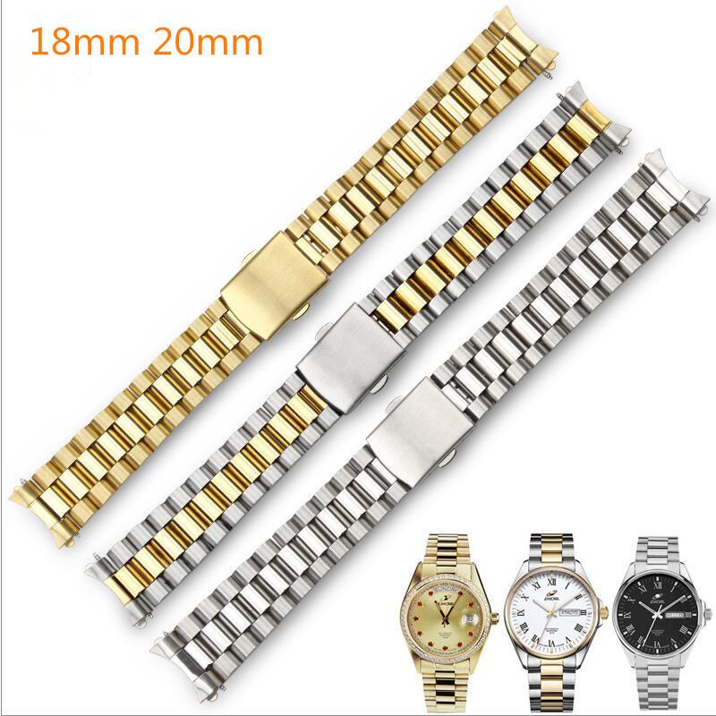 Classic Silver and Gold Curved End Stainless Steel Watchband 18 20 22mm Solid Links Bracelet Fit For Seiko Enicar Orient Watch