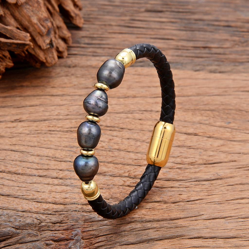 Genuine natural freshwater pearl bracelet, women's charm leather bracelet, baroque wedding jewelry