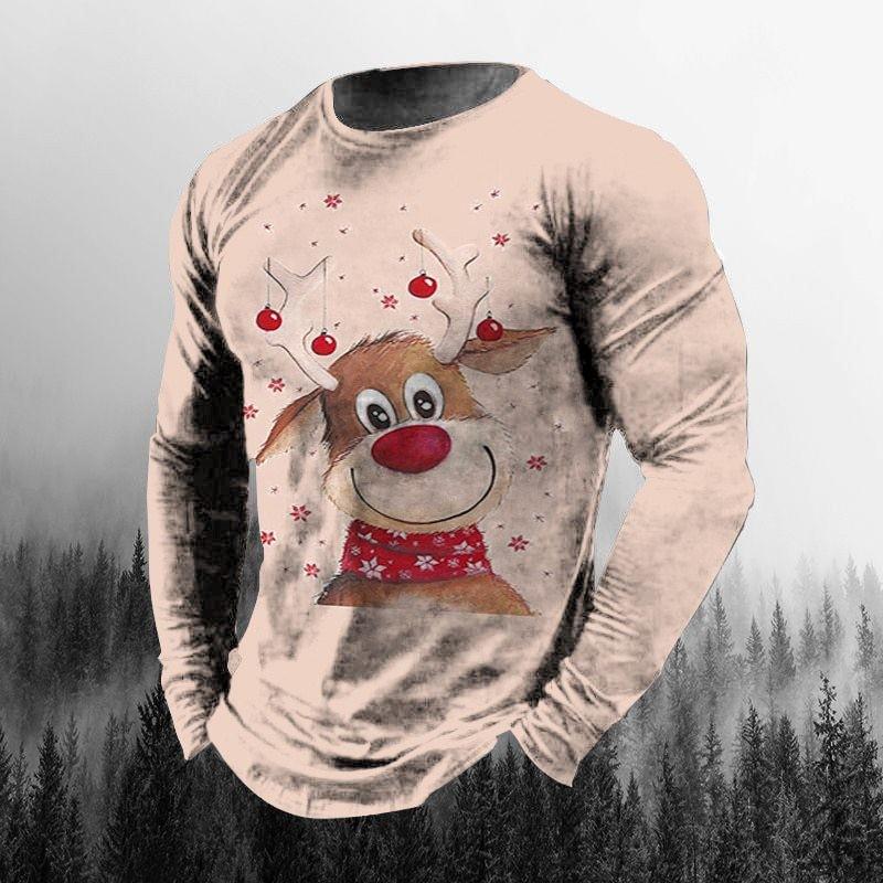 Round Neck 3D Christmas Printed Top Casual Long Sleeved Men's T-shirts - Soft Medium Stretch Polyester Fabric Spring and Autumn Relaxed Fit Clothing