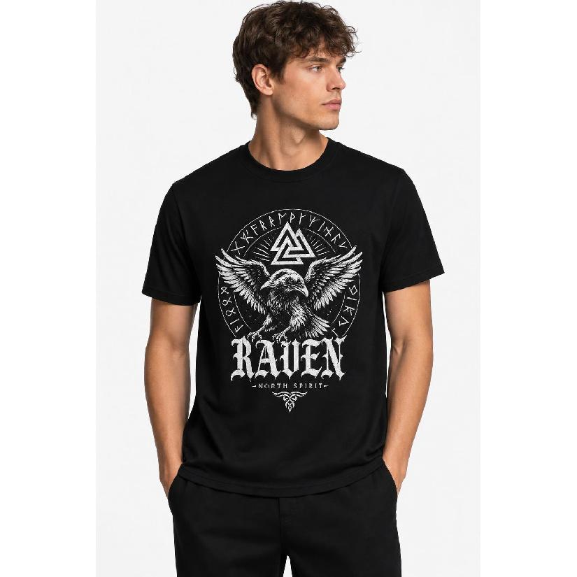 men s black short sleeve crew neck t-shirt with nordic raven graphic, soft cotton feel, relaxed fit for casual daily wear and outdoor activities S чёрный