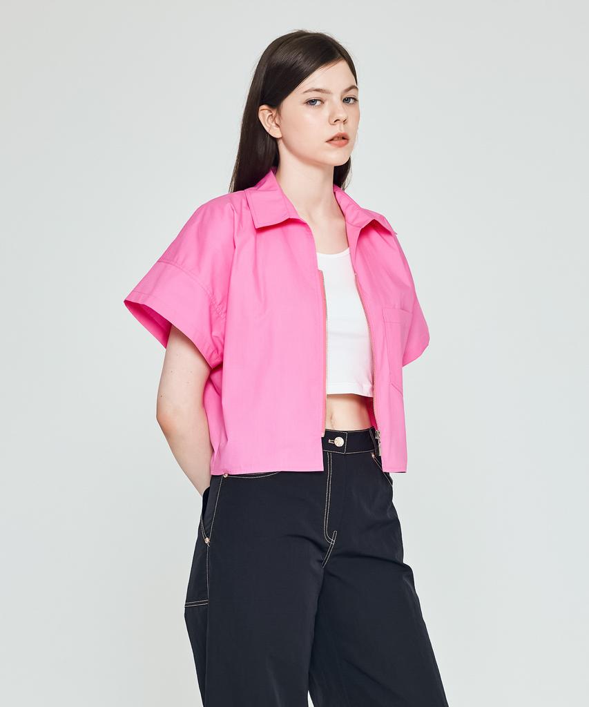 DEPASION Crop Oversized Zipper Collar Short Sleeve Shirt Jacket (Hot Pink)