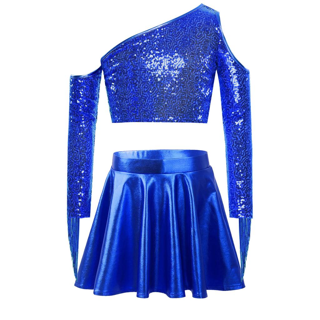 Kids Girls Metallic Stage Costume: One Shoulder Long Sleeve Sequined Crop Top & High Waist Pleated A-Line Skirt for Jazz Dance