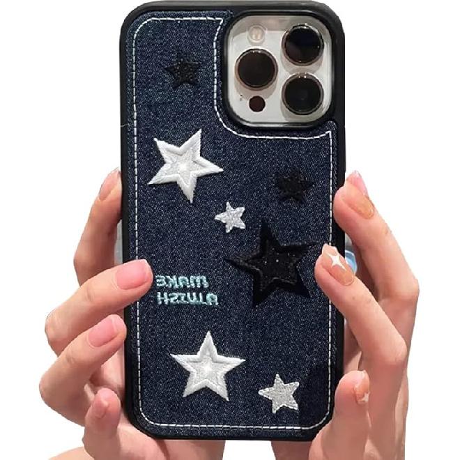 Compatible with iPhone Case,Cool Denim Fabric Embroidery Star Silicone Camera Lens Protection Soft Shockproof Cover Phone Case (Blue,iPhone 14) iPhone Xr синий
