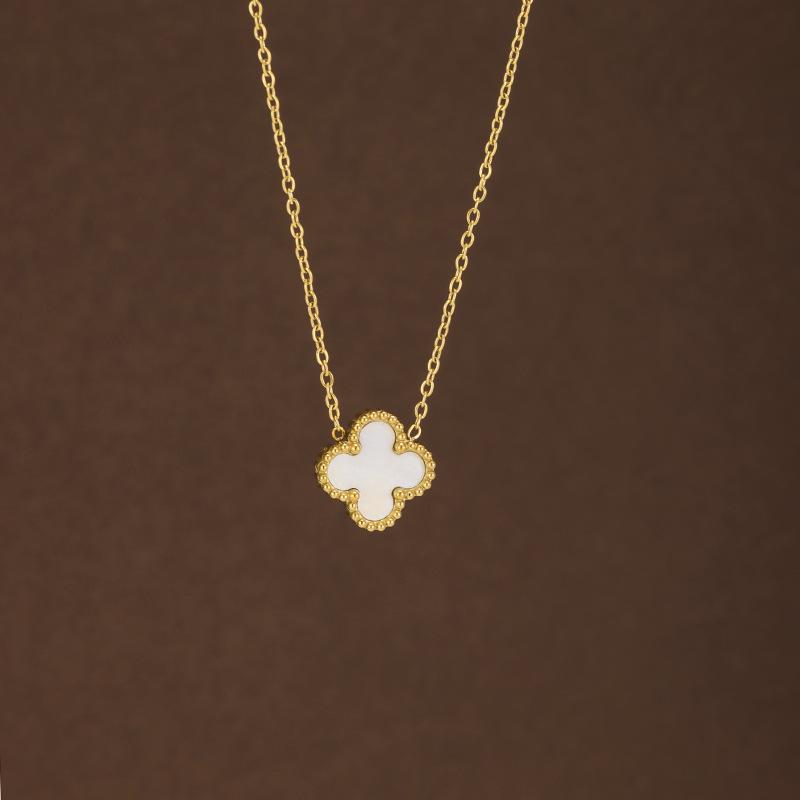 Four-Leaf Clover Jewelry Set: Durable Titanium Steel Earrings, Ring, Bracelet, and Necklace in Trendy 13mm Double-Sided Design.