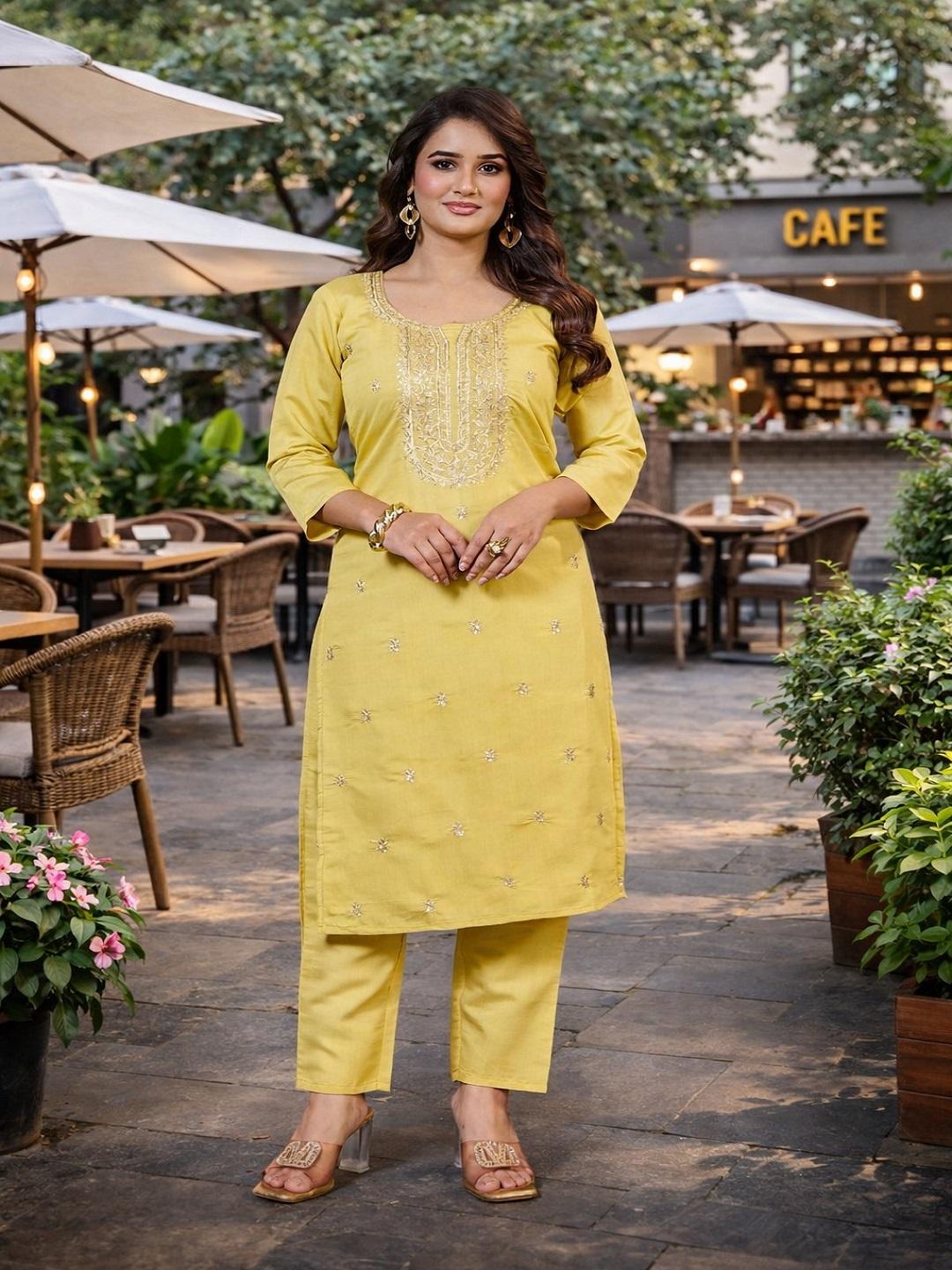 Women Yellow Roman Silk Kurta Pant Set | Embroidered 2 Piece Indian Outfit S жёлтый