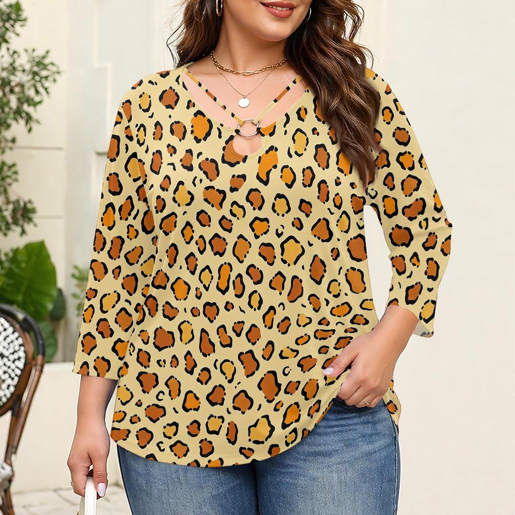 Blusa Floral Feminina Plus Size com Manga Três Quartos, Blusa Casual, Túnica de Corte Amplo para Primavera Verão, Uso Diário, Trabalho e Saídas