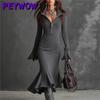 PEYWOW Damenmode Herbst Winter Einfarbig Druck Langarm Casual Kleider