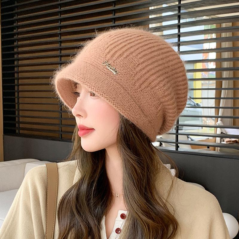 New Hat Women's Winter Knitted Face Small Autumn and Winter Rabbit Fur Warm and Thickened Piled Wool Hat