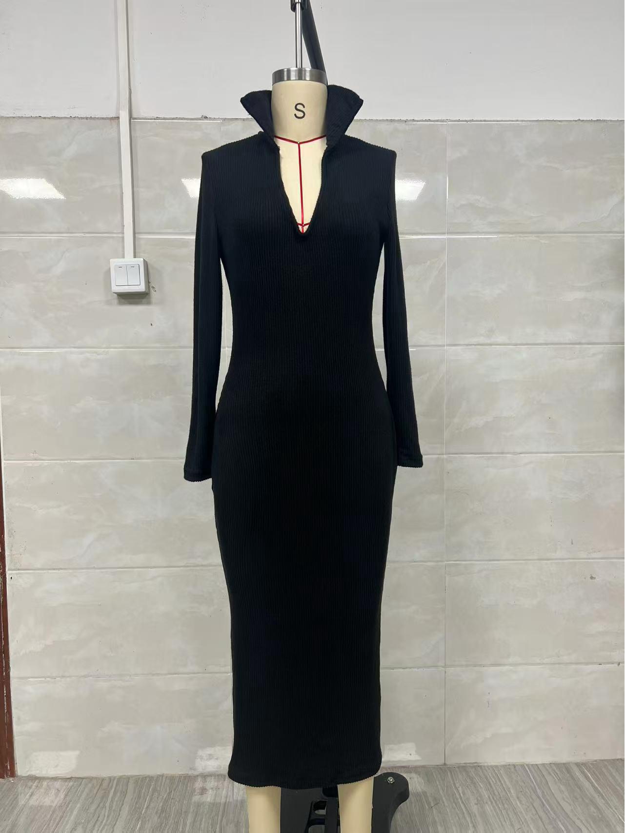 

2025 Autumn/Winter European British Style Bodycon Dress with Belted Waist, Mid-length, Slim-fitting Below-the-Knee Base Layer 1XL