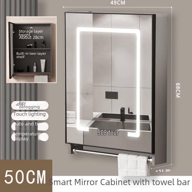 40cm x 50cm Space Aluminum Smart Mirror Cabinet with Lights & Defogging, Punch-Free Wall-Mounted for Small Bathrooms