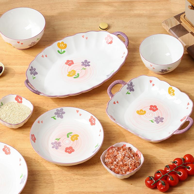 Ceramic Rice Bowl Household 2024 High Value Underglaze Color Bowl Plate Tableware Set Pastoral Style