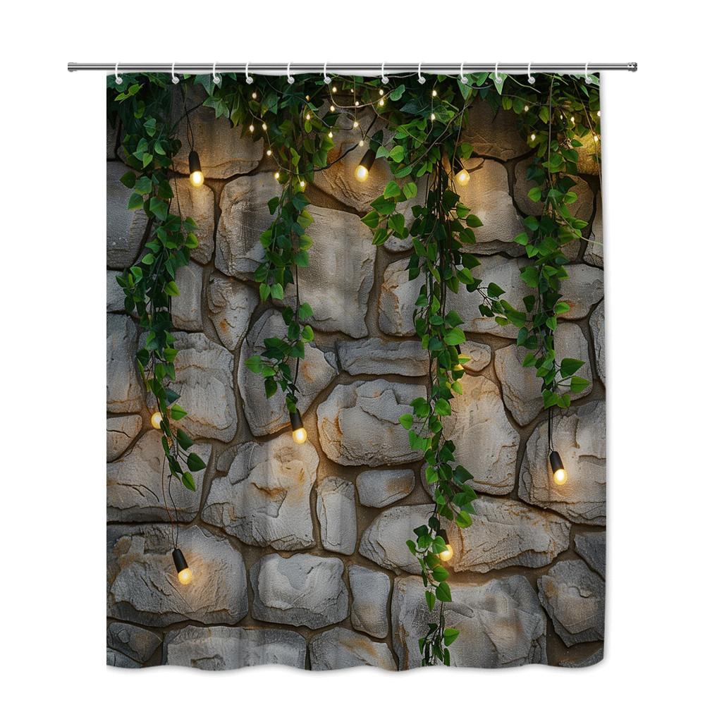 Rustic Stone Wall Shower Curtain Green Vines String Lights Nature Garden Design Cozy Bathroom Decor Waterproof Elevate Space