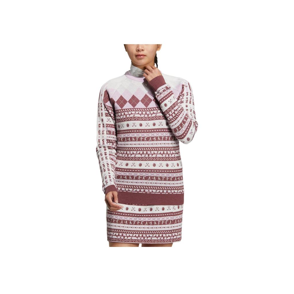 Adidas Round Neck Pullover Pattern Print All Over Brand Logo Embroidery Knit Sweater Women Sweater Light-Deep-Red HG8213