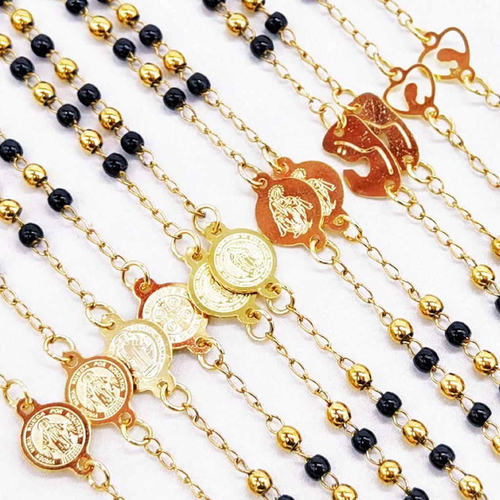 Schwarze Kreuzkette mit Goldakzenten, Multi-Accessoire - Edelstahl-Rundperlen-Schutzkette für Damen