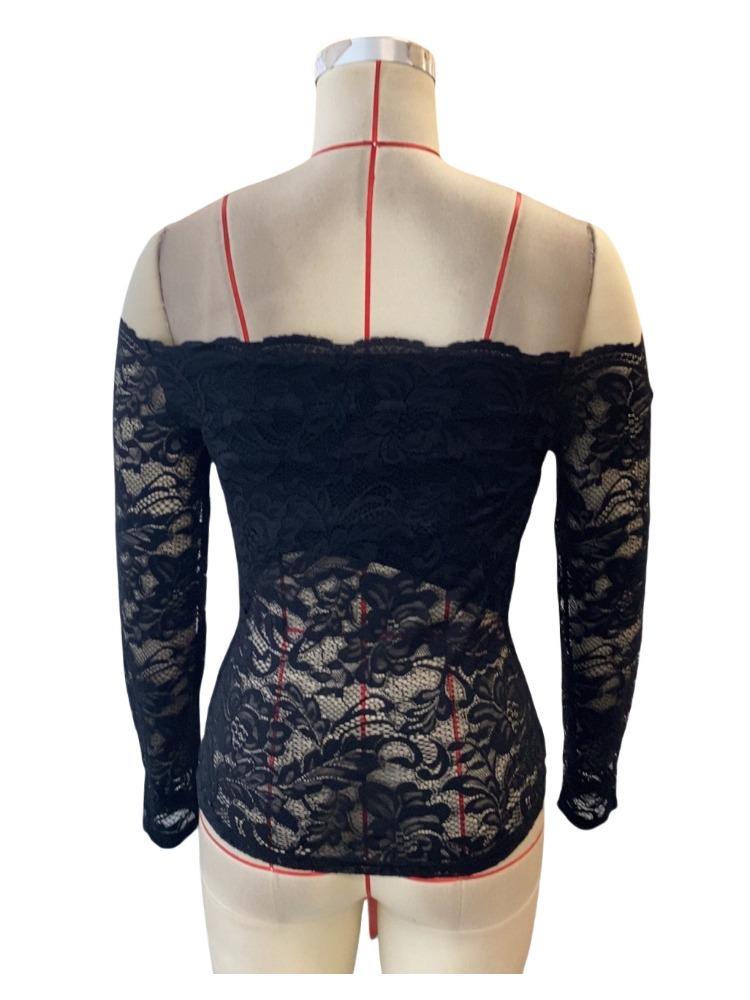Elegant Scalloped Collar Edge One-Layer Collar Strapless Lace Slim Slim T-Shirt Long Sleeve Tops Versatile Closet Essential Fashion Items Shirt