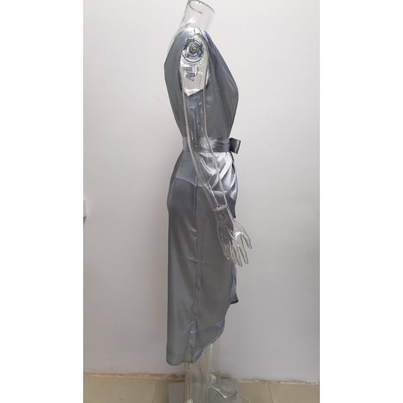 Women's One Shoulder Wrap Midi Dress Elegant Bodycon Slit Party Dress with Belt