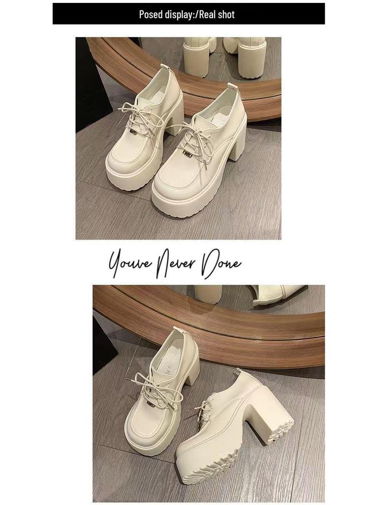2025 Spring Women's Mary Jane High Heels: New Fashion Platform Chunky Lace-Up Leather Dress Shoes