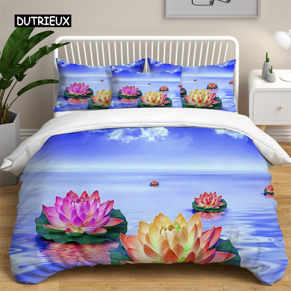 Lotus Floral Duvet Cover King Microfiber Water Hibiscus Bedding Set Flower Leaves Quilt Cover Nature Art Theme Bedspread Cover
