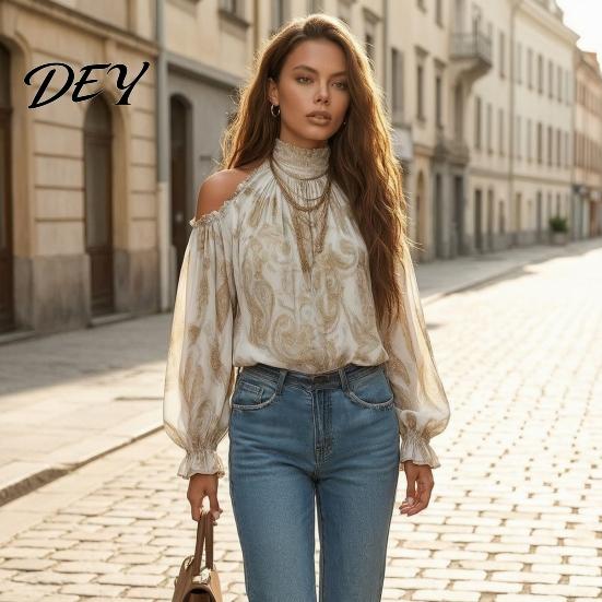 Long Sleeve Shirts Women Fall Cold Shoulder Shirt, Vintage Ethnic Print High Casual Blouses Collar Blouse, Ruffle Lantern Top Soft
