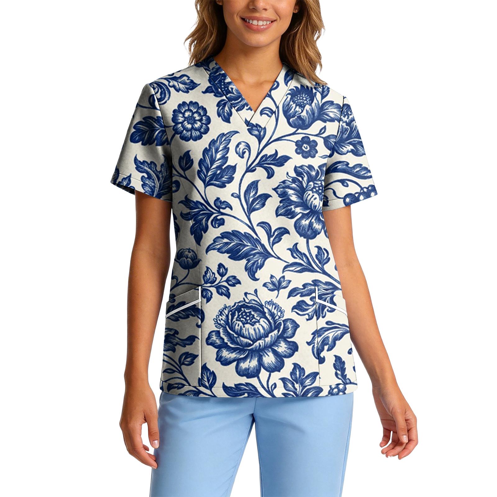 Short Sleeve Blouses for Women V Neck Floral Print Womens Short Sleeve Shirts Loose Fit Women s Short Sleeve Tops Casual Style XXL