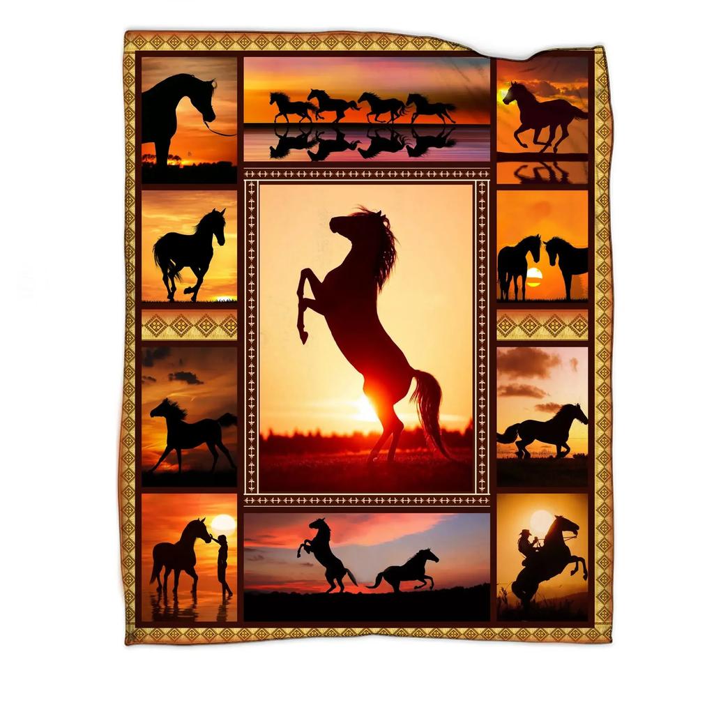 Horses Blankets Coral Fleece Plush Summer Nature Wild Animals Portable Lightweight Throw Blankets for Home Car Bedspreads
