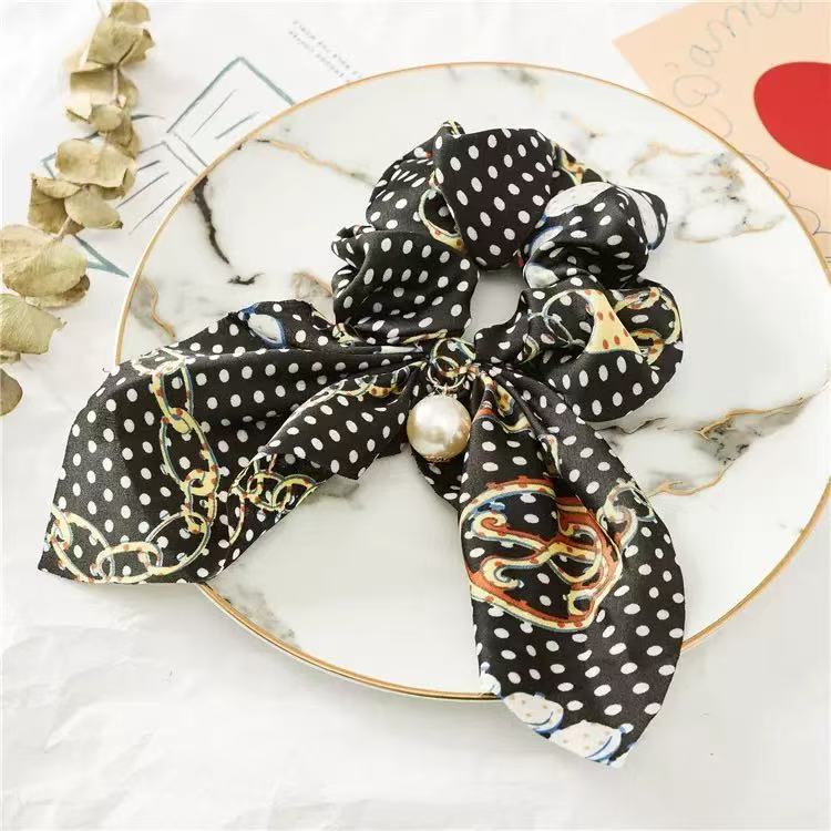 Chiffon Bowknot Silk Hair Scrunchies Women Pearl Ponytail Holder Hair Ties Hair Rope Rubber Bands Headwear Hair Accessories