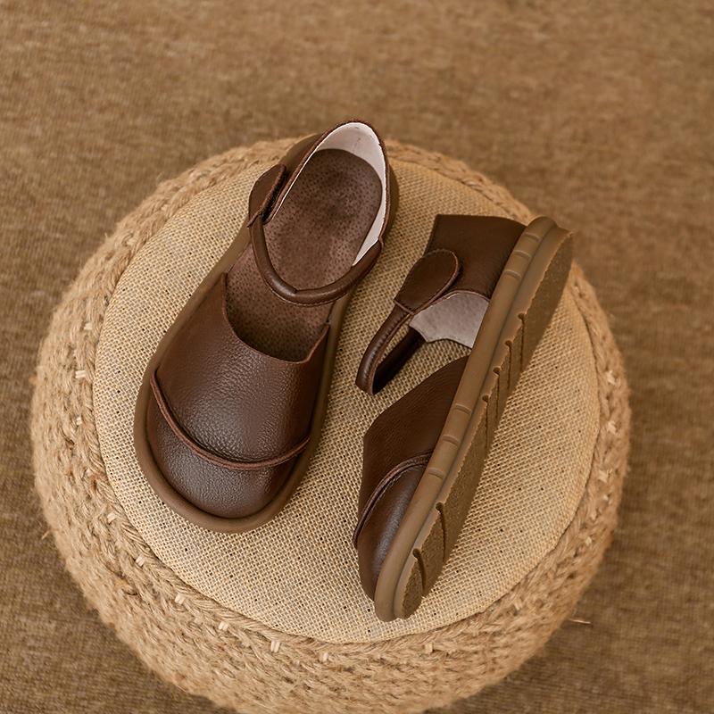 Retro Classic Round Head Brown Leather Flat Comfortable Sandals 2025 Summer Trend New Ladies Casual Outdoor Daily Women's Shoes