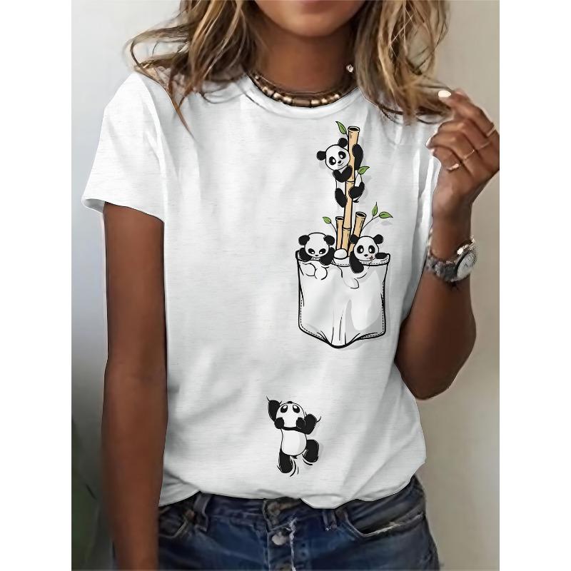 Panda Print Crew Neck T-Shirt, Casual Short Sleeve Top for Spring & Summer, Women's Clothing