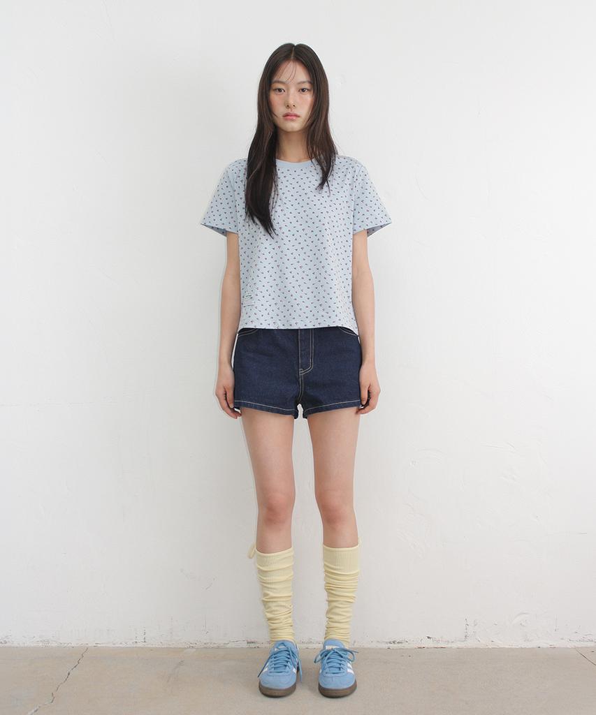 RONRON Floral Mini Label Crop Short Sleeve Soft Blue