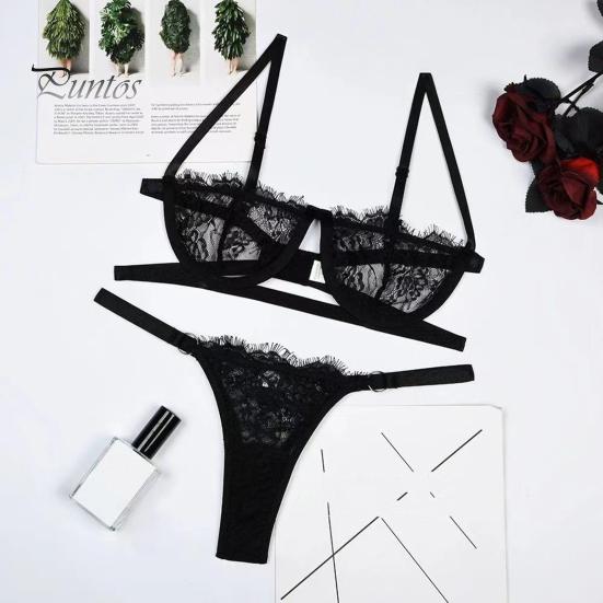 2 Pcs/Set Bra Panties Set See-through Lace Floral Embroidery Solid Color Adjustable Strap Thin High Waist G-string Wedding Night Honeymoon Underwear