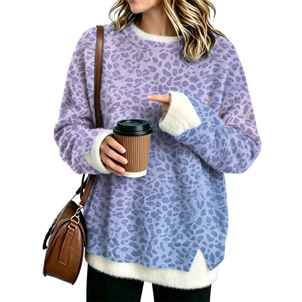 Women's Flannel Leopard Print Top, Round Neck Two-Piece Blouse for Casual Wear