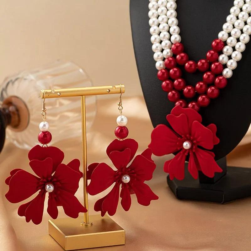 Three Layer Pearl Beaded Necklace with Floral Pendant and Matching Earrings Set for Women Elegant Layered Jewelry Accessory