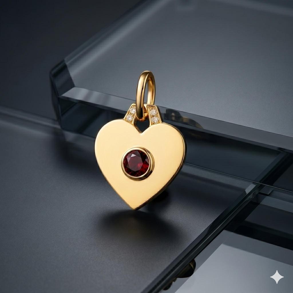 Garnet Heart Charm, 925 Sterling Silver In Yellow Gold Fill, Small Round Shape Gemstone, Heart Shape Charm, Handmade Charm