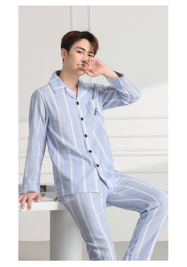 100% Cotton Autumn Long-Sleeved Lapel Casual Men's Home Wear Pajama Set