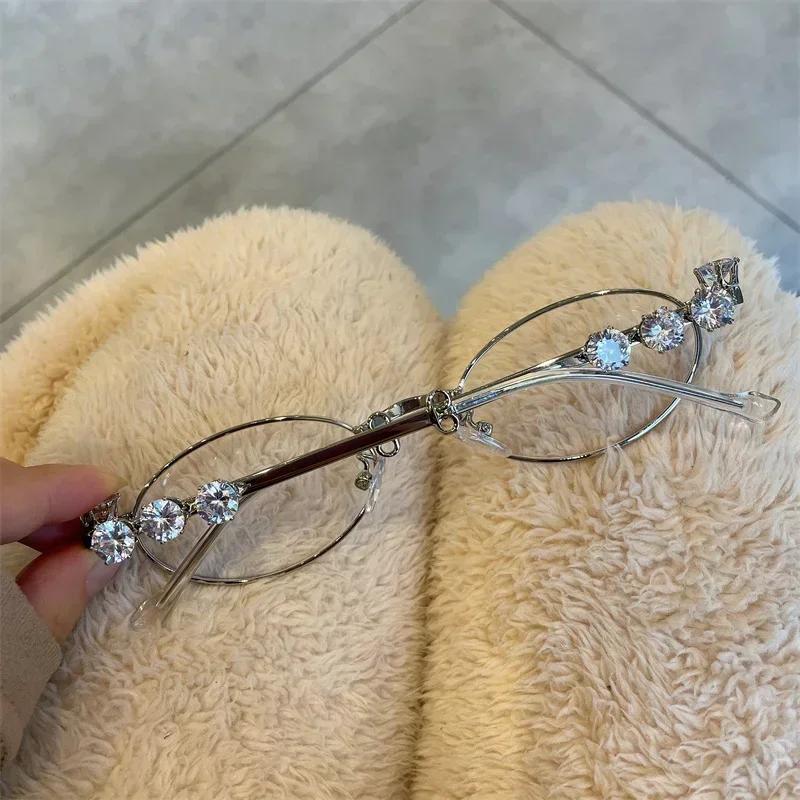 Women's Punk Retro Silver Anti Blue Light Eyewear Rhinestone Stainless Steel Oval Frame Glasses Girl Reading Seaside Spectacles