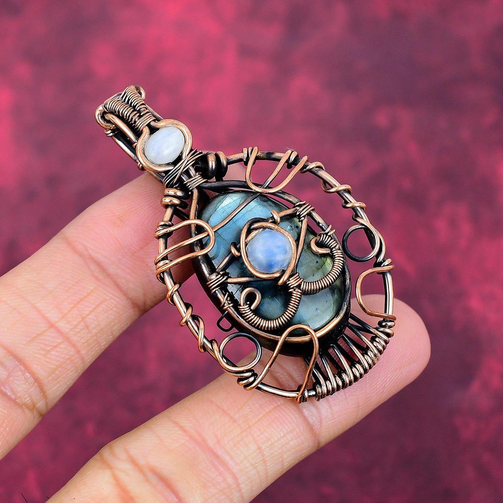 Evil Eye Labradorite Pendant Copper Wire Wrapped Rainbow Moonstone Jewelry