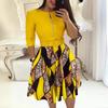 Women's Round Neck 3/4 Sleeve Geometric Print Midi Dress With Belt African Ethnic Office Swing Dress