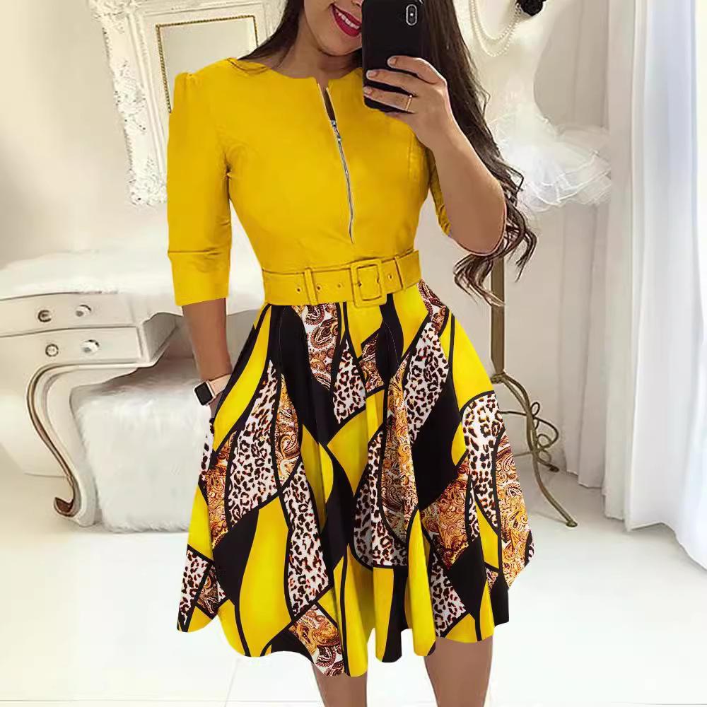 Women's Round Neck 3/4 Sleeve Geometric Print Midi Dress With Belt African Ethnic Office Swing Dress