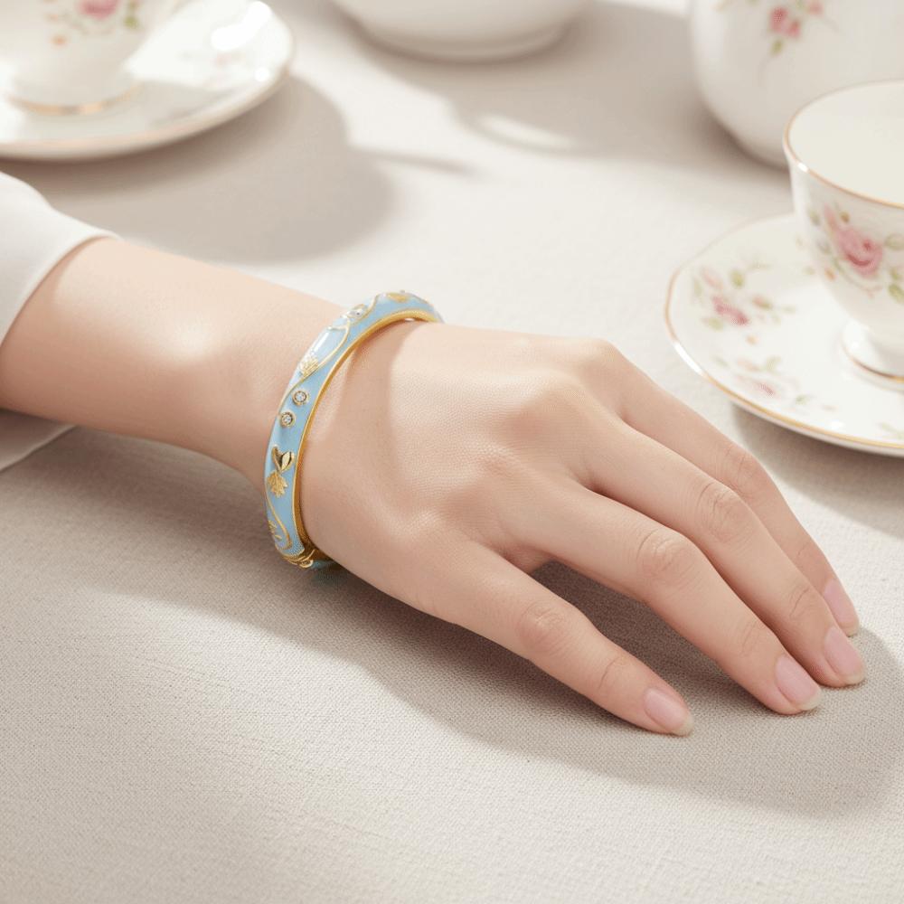 Small Floral Chinese Flower Bangle Enamel Women's Hand Bracelet Vintage Cloisonne Bangle Ladies