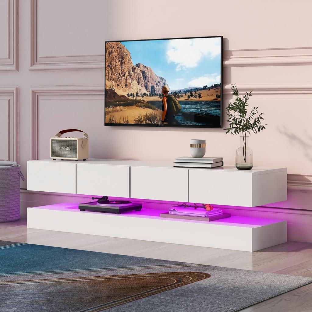 LED TV Lowboard, Wall-Mounted TV Cabinet, Furniture with 2 Cabinets and 4 Large Drawers, LED Lighting Wall Cabinet for up to 55 Inch White 130*33*15cm