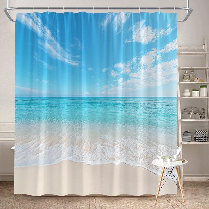 Waterproof Shower Curtain with a Serene Beach Scene Bringing the Calmness of Ocean Waves and Blue Skies to Your Bathroom
