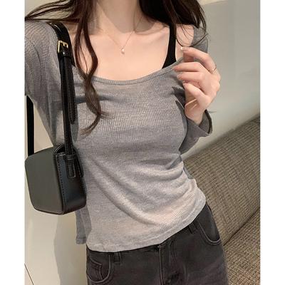 Low-necked Inner-shoulder Long-sleeved T-shirt for Women In Summer, Sexy Hottie Slightly See-through Bottoming Shirt, Slim Fit and Versatile Top