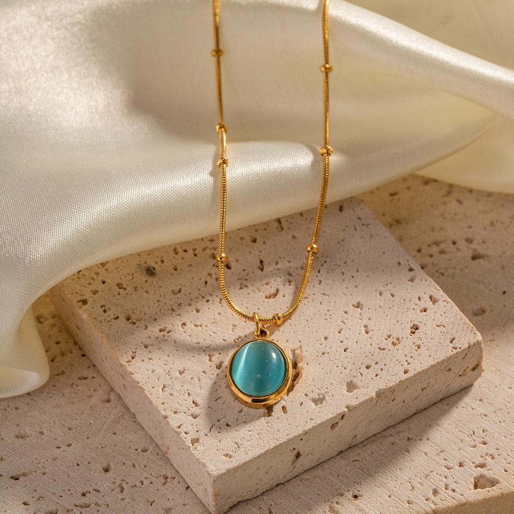 Yori Delicate Stainless Steel Blue Opal Pendant Drop Necklace Fashion Stainless Steel Exquisite Waterproof Jewelry Gift