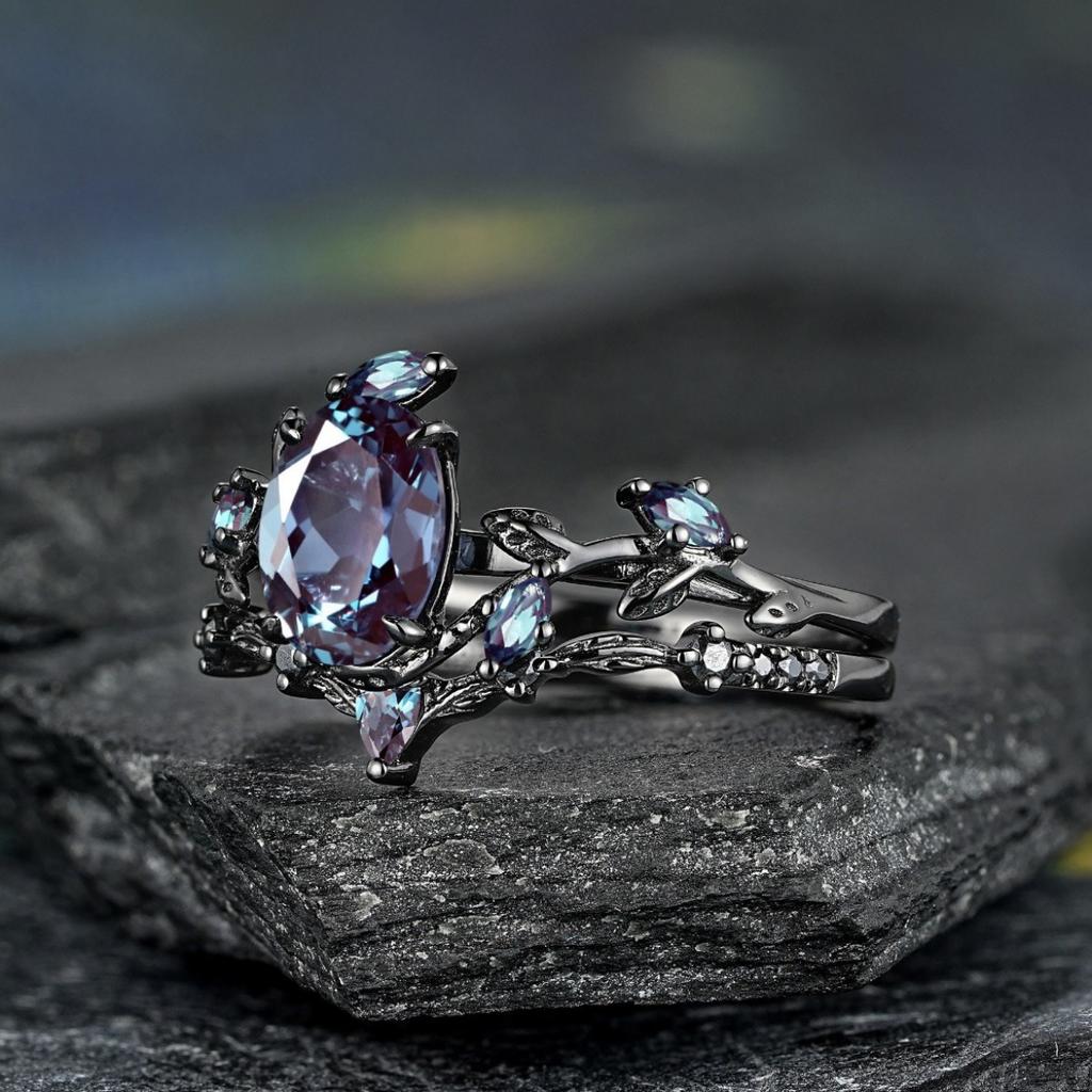 Luxus Zweig Gekreuzt Retro Gun Black Paarring, Eingelegter Bunter Stein Damen Ins Dornenring