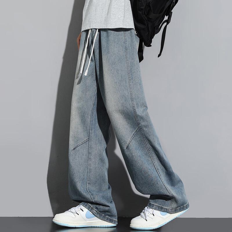 Men's American Retro Elastic Waist Loose Wide-Leg Jeans