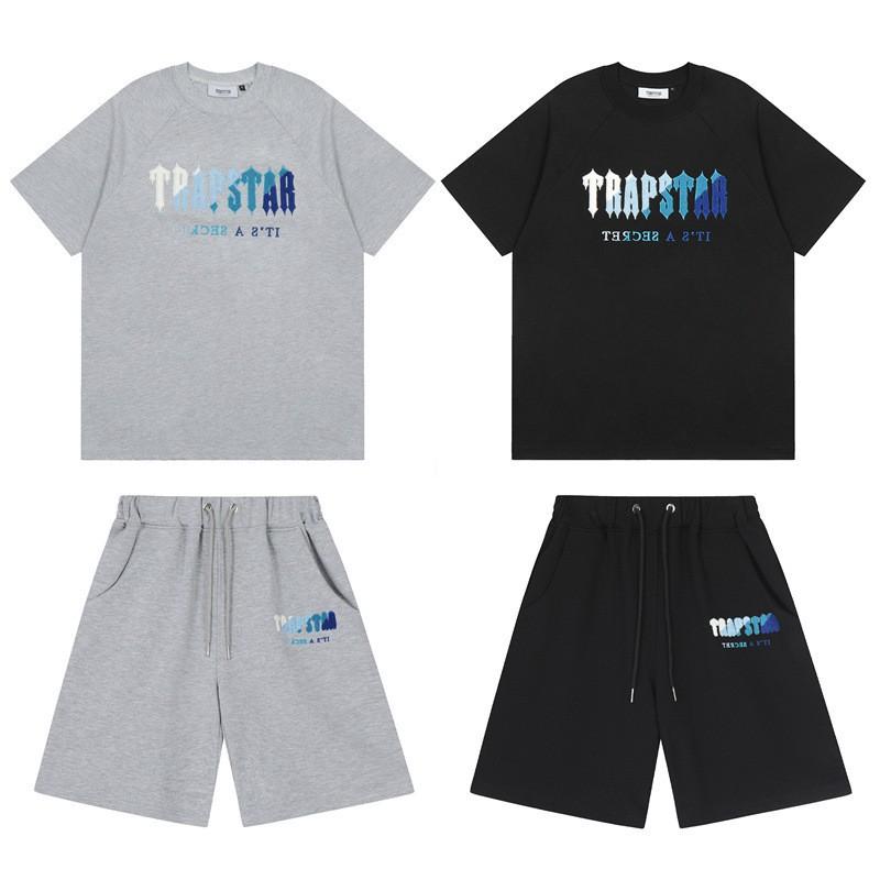 Mens Gradient Letter Embroidered Cotton Tee Shorts Set Streetwear Casual Outfit